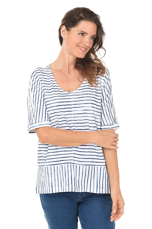 Striped Keyhole Elbow Sleeve Tee