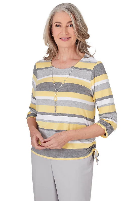 Petite Charleston Striped Ruched Sleeve Necklace Top