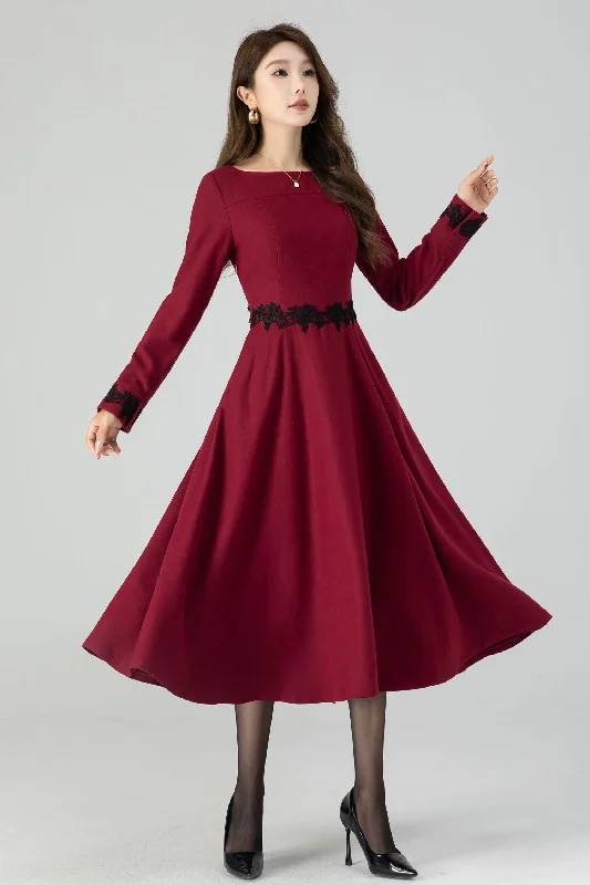 Burgundy midi winter wool dress with lace details 4544