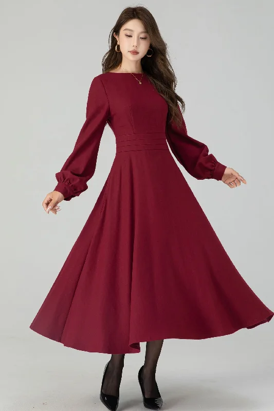 Burgundy swing winter wool dress for women 4550