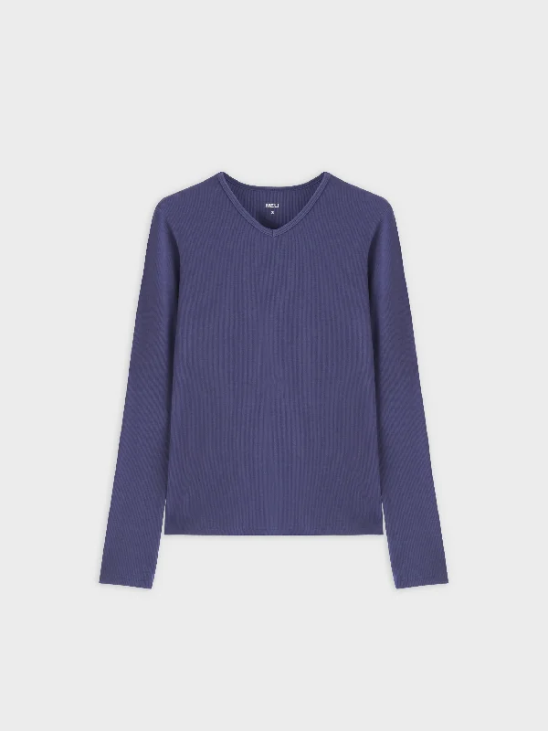 High V Ribbed Tee LS-Indigo Blue