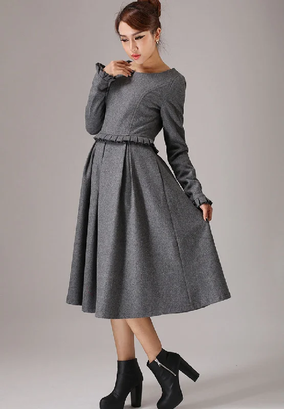 Gray wool dress winter dress maxi dress 0764#