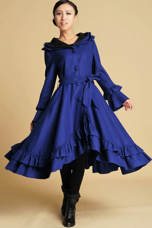 long blue ruffled wool coat for women 380