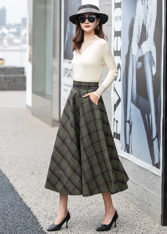 Long Plaid A-Line Wool Skirt 4165