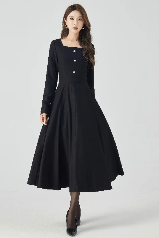 Long sleeves black midi wool dress 4521-Size S us4 #CK2300912