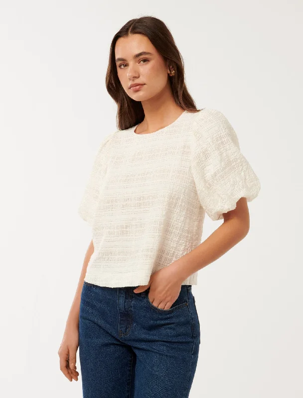 Sara Check Bubble Sleeve Top