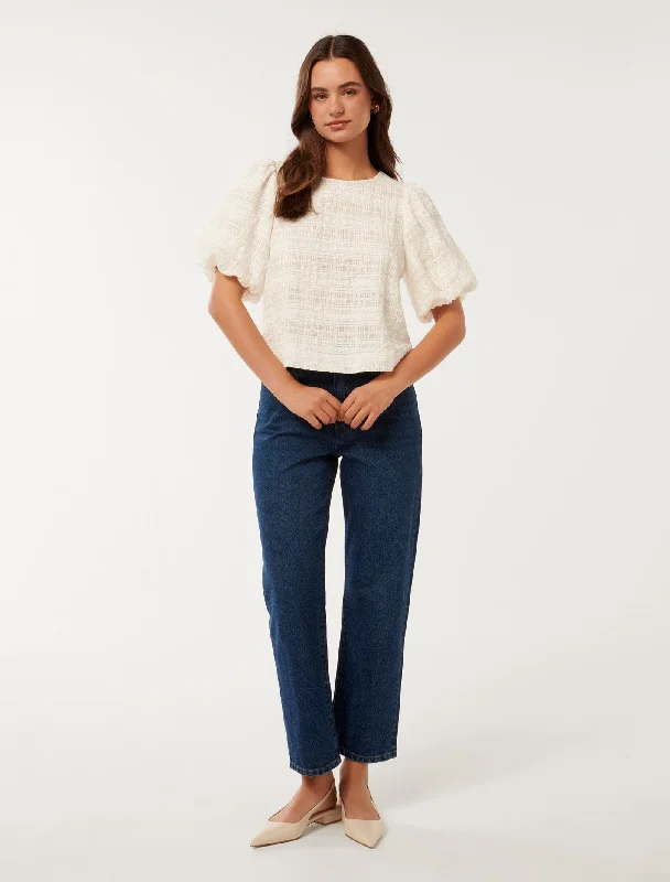 Sara Check Bubble Sleeve Top