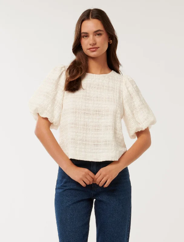 Sara Check Bubble Sleeve Top