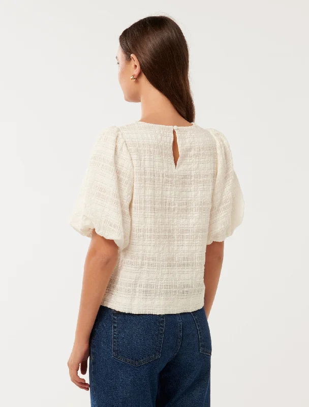 Sara Check Bubble Sleeve Top