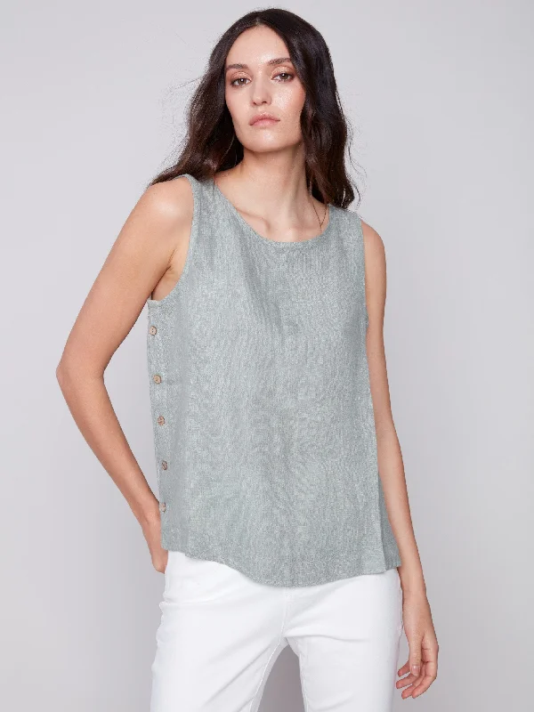 Sleeveless Linen Top with Side Buttons - Celadon