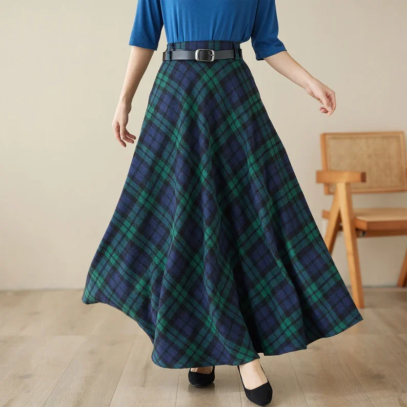 Vintage Inspired Long Wool Plaid Skirt 4619