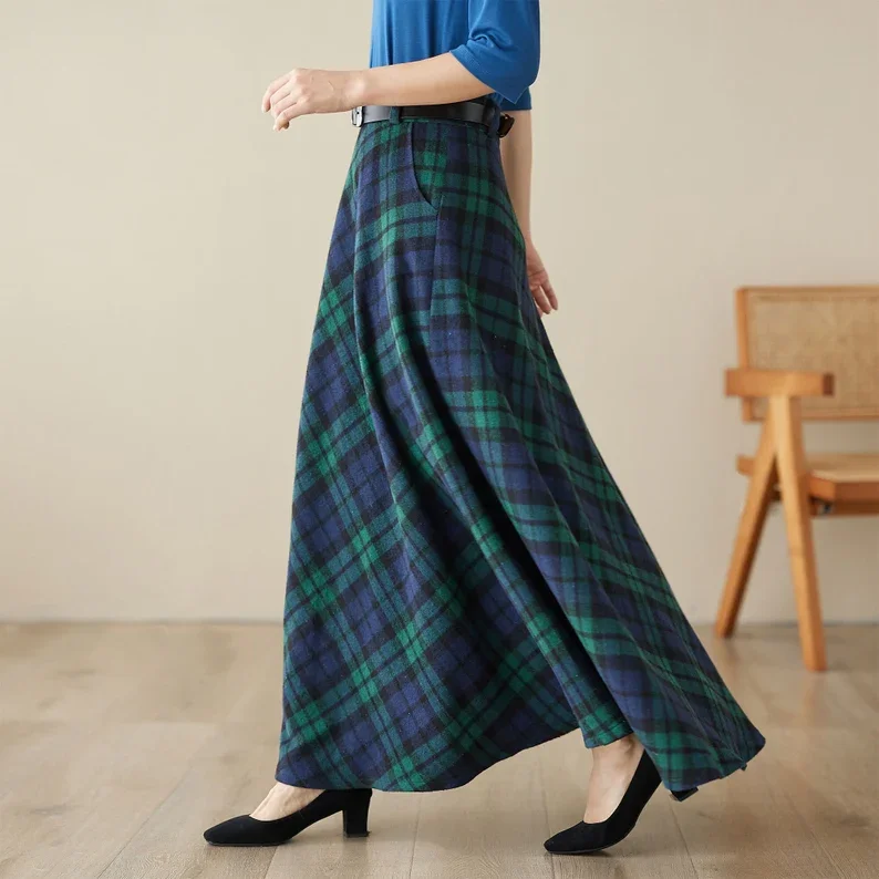 Vintage Inspired Long Wool Plaid Skirt 4619