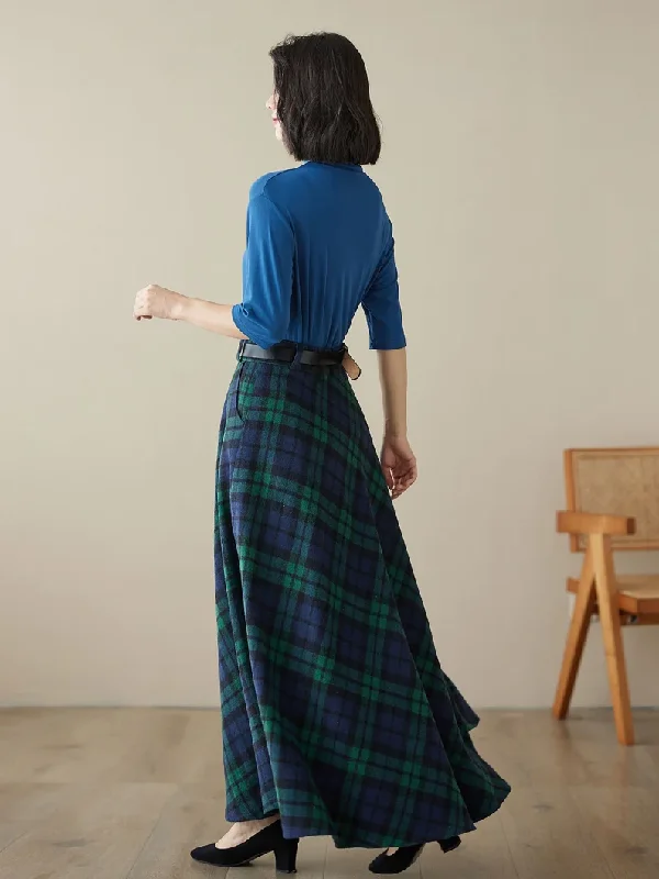 Vintage Inspired Long Wool Plaid Skirt 4619