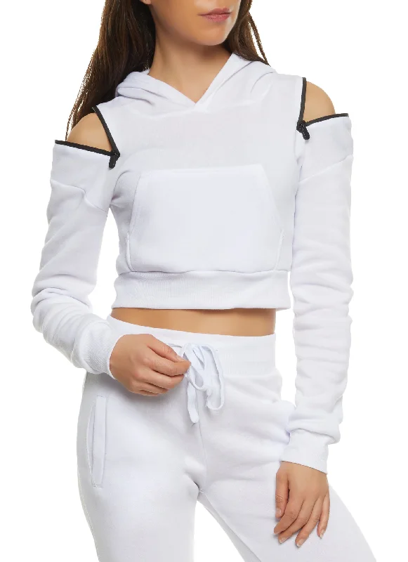 Zip Cold Shoulder Cropped Hoodie