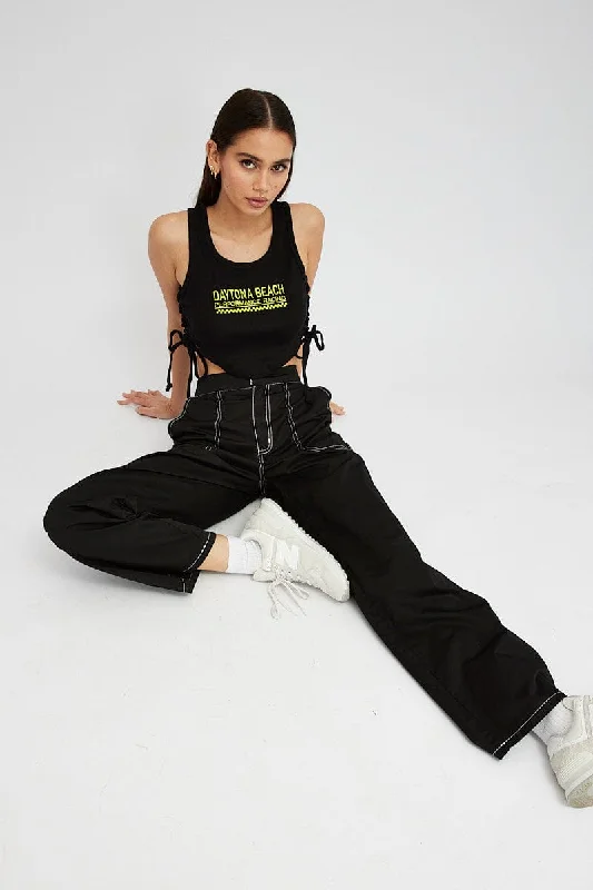 Black Cargo Pants Mid Rise Contrast Stitch