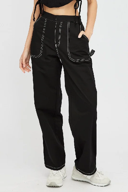 Black Cargo Pants Mid Rise Contrast Stitch