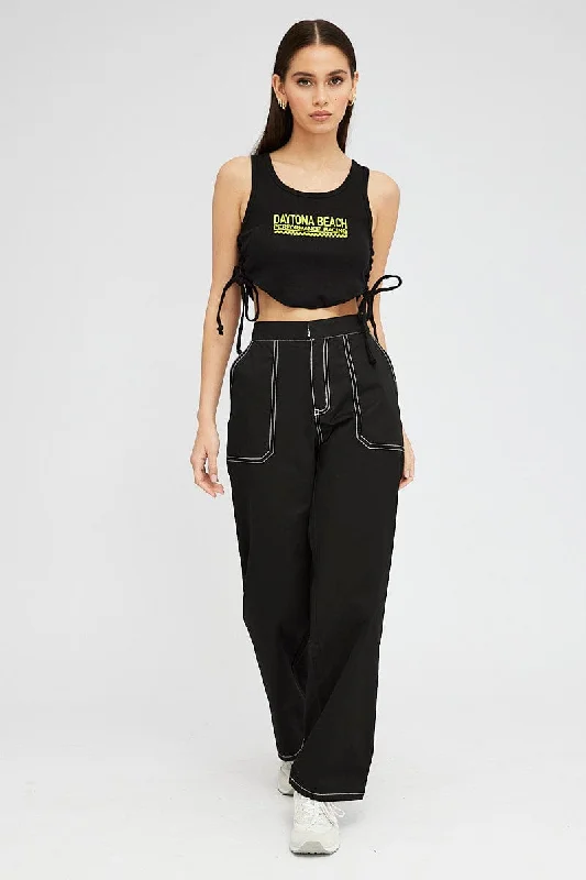 Black Cargo Pants Mid Rise Contrast Stitch