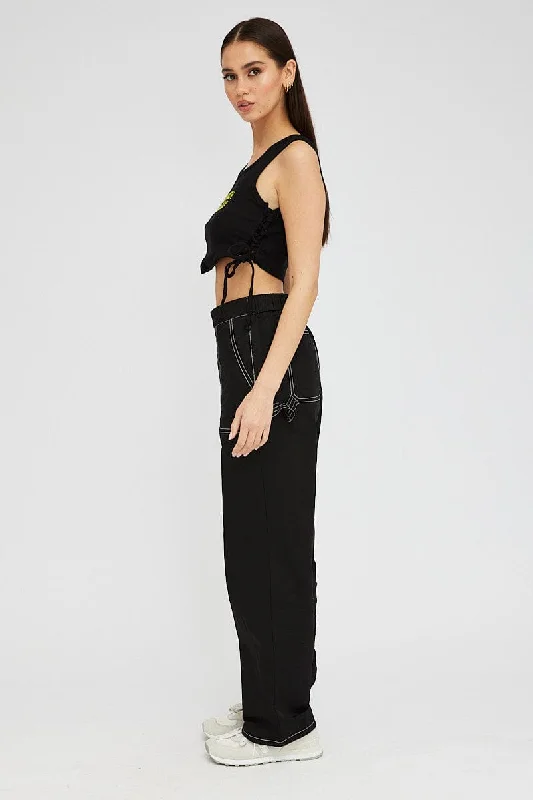 Black Cargo Pants Mid Rise Contrast Stitch