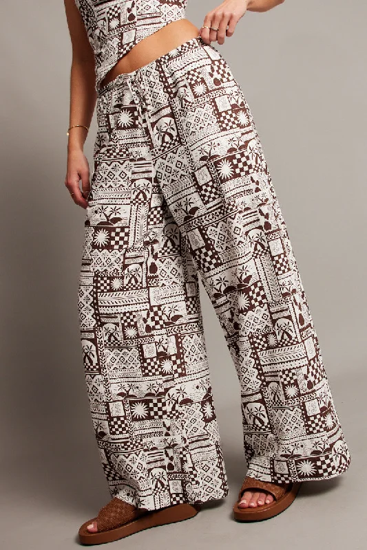 Brown Abstract Wide Leg Pants High Rise