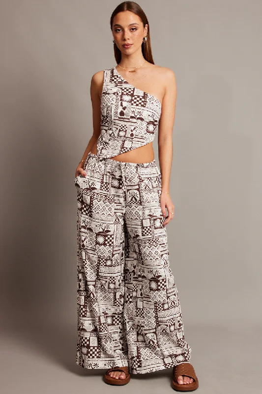 Brown Abstract Wide Leg Pants High Rise