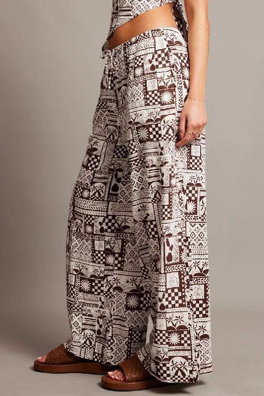 Brown Abstract Wide Leg Pants High Rise