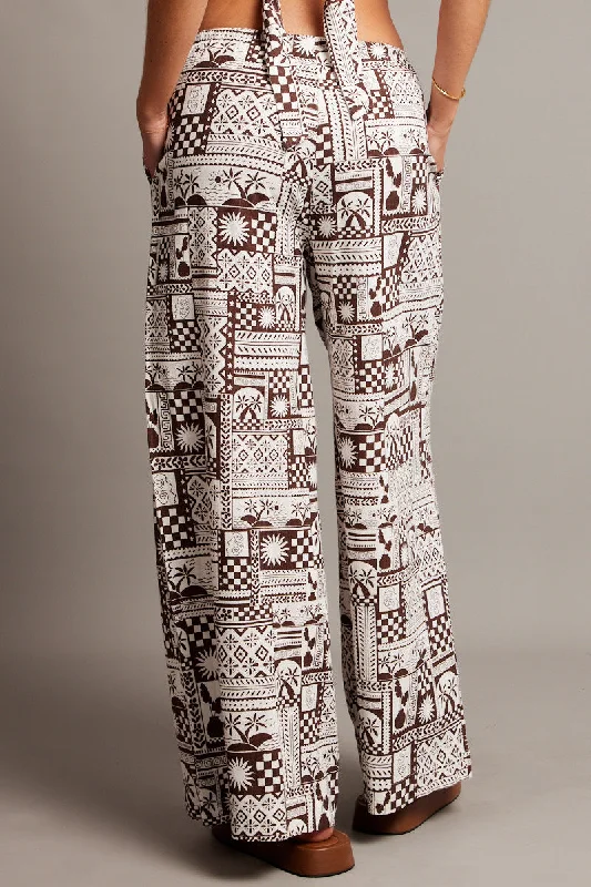 Brown Abstract Wide Leg Pants High Rise