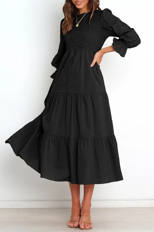 Smocked Peplum Sleeve Layered Ruched Long Dress