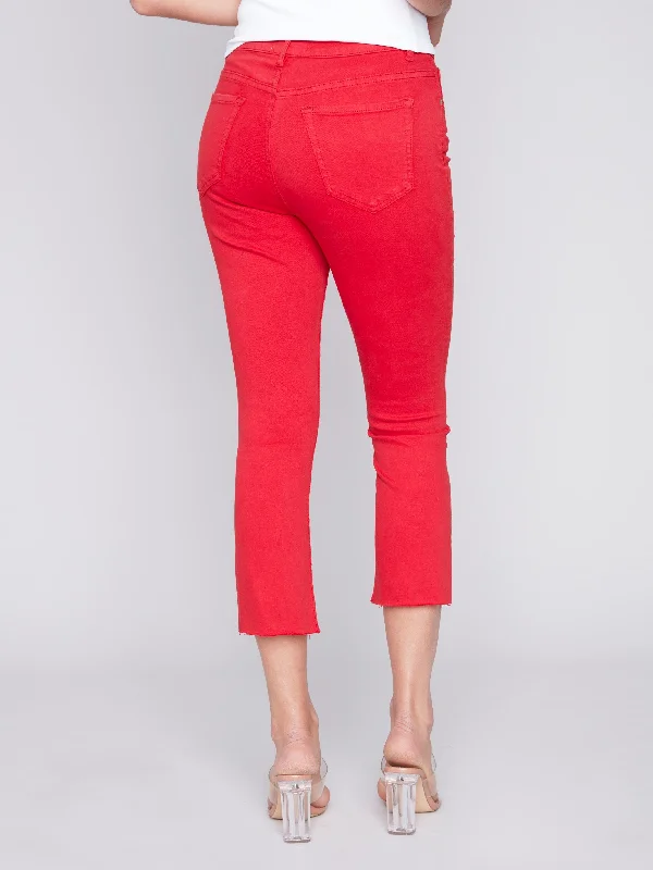 Cropped Bootcut Twill Pants with Asymmetrical Hem - Cherry