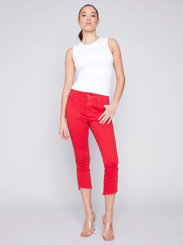 Cropped Bootcut Twill Pants with Asymmetrical Hem - Cherry