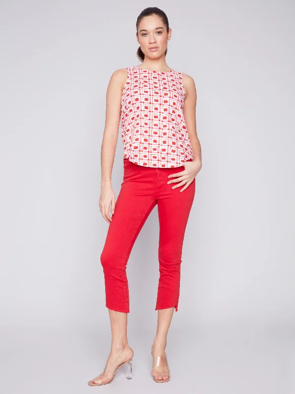 Cropped Bootcut Twill Pants with Asymmetrical Hem - Cherry