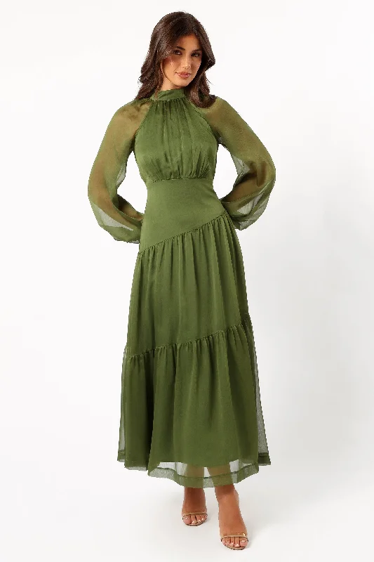 Julip Sheer Long Sleeve Maxi Dress - Olive