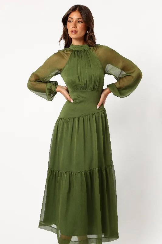 Julip Sheer Long Sleeve Maxi Dress - Olive