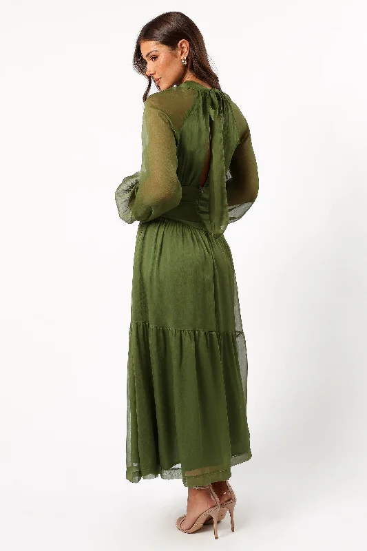 Julip Sheer Long Sleeve Maxi Dress - Olive