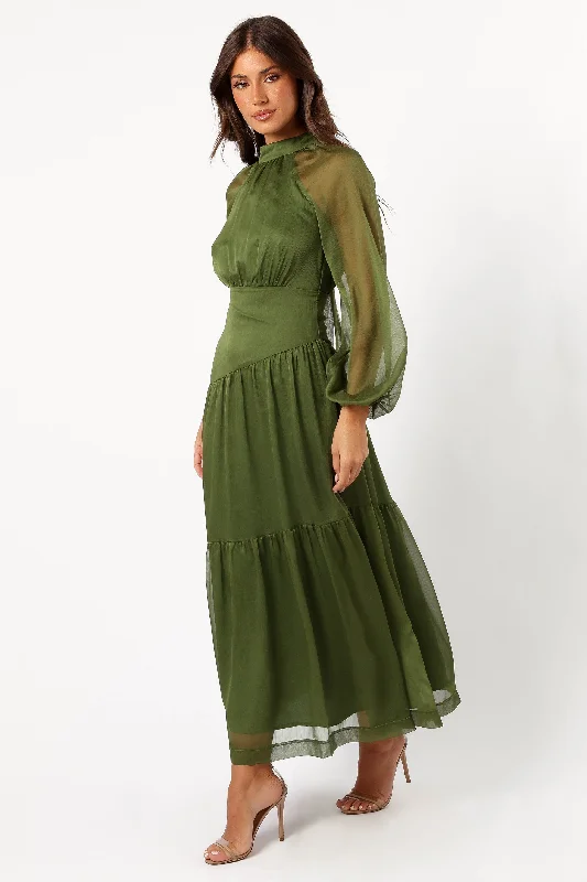 Julip Sheer Long Sleeve Maxi Dress - Olive