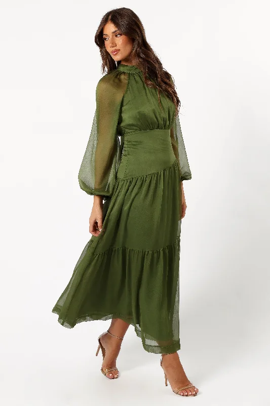 Julip Sheer Long Sleeve Maxi Dress - Olive