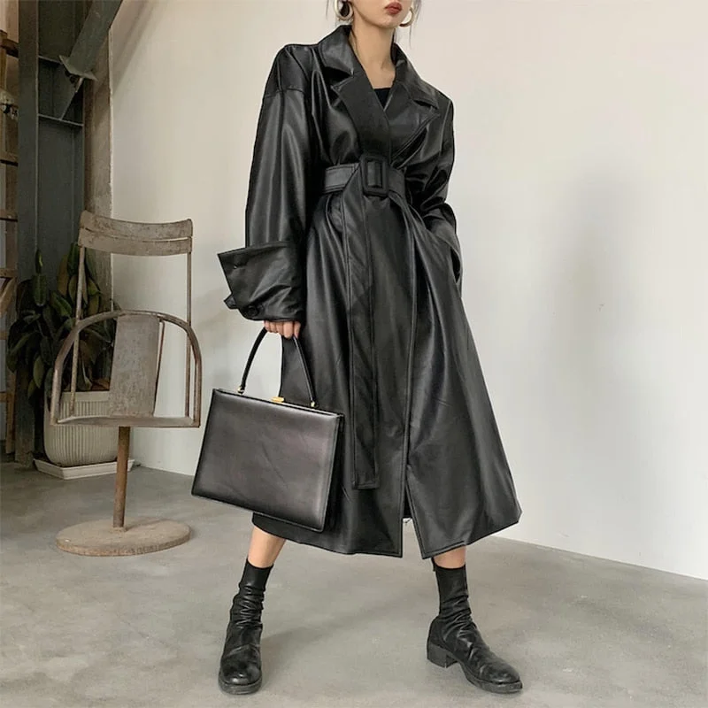 Long oversized leather trench coat for women long sleeve lapel loose fit