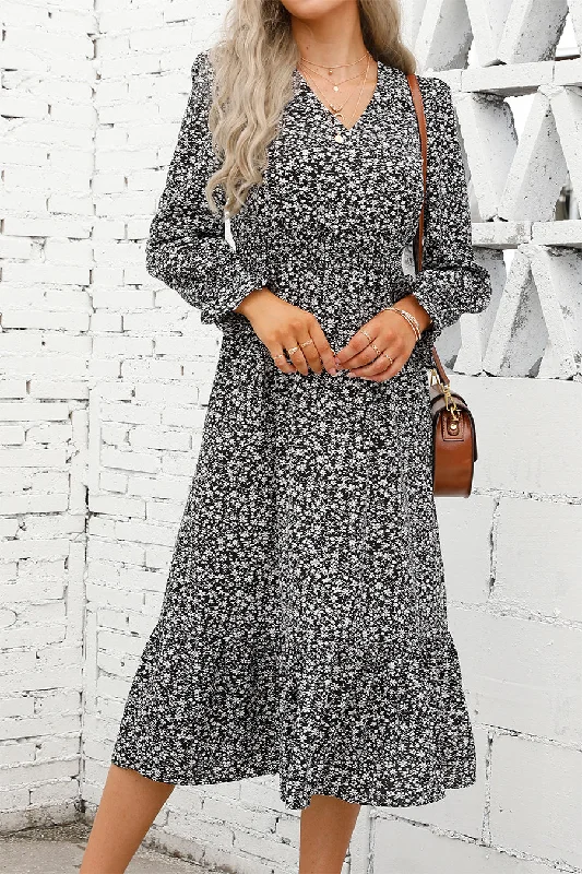 Long Sleeve Floral Print Midi Fall Dress