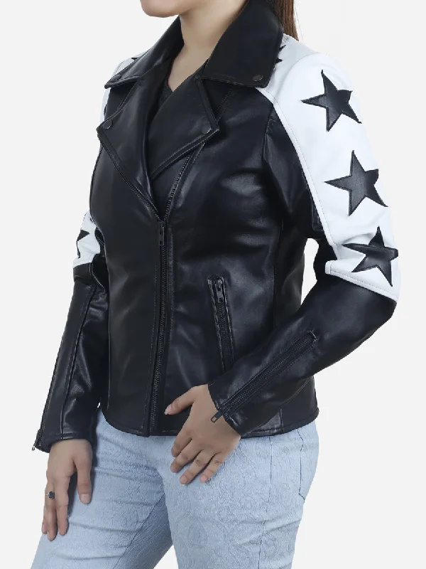 Maura Women's Black Motorcycle Leather Jacket with Star Patches