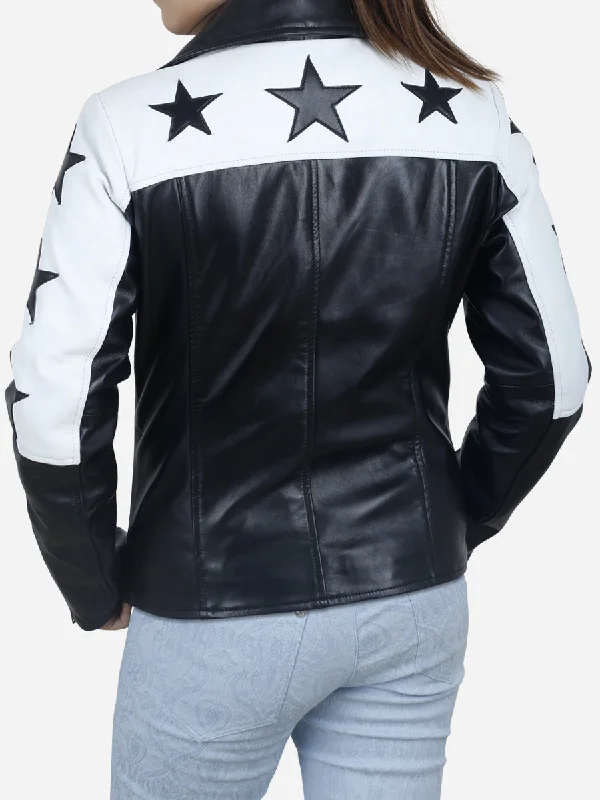 Maura Women's Black Motorcycle Leather Jacket with Star Patches