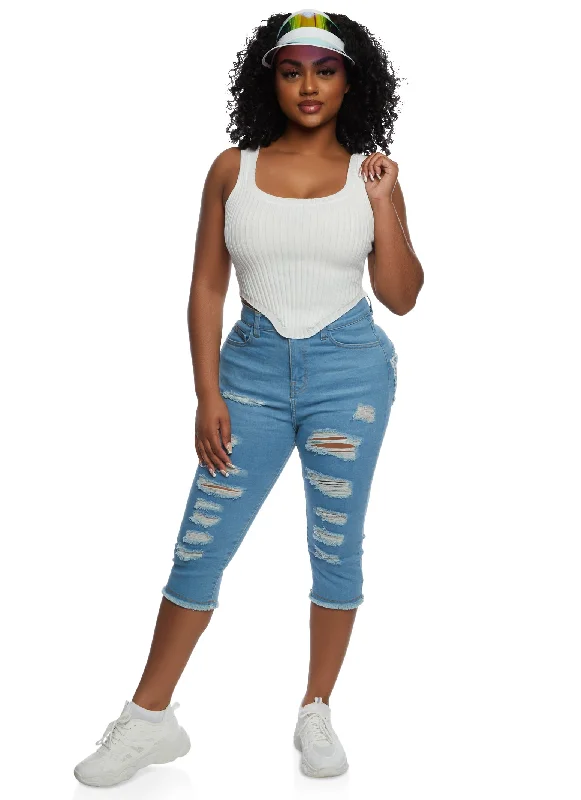 Highway Distressed Frayed Cut Out Capri Jeans