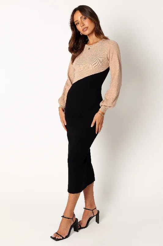 Sally Long Sleeve Midi Dress - Beige Black