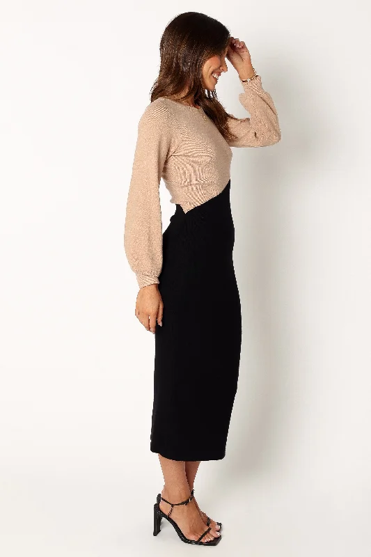 Sally Long Sleeve Midi Dress - Beige Black