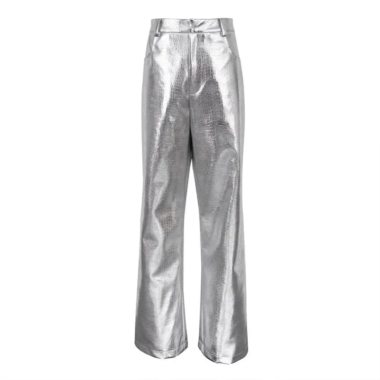 Silver PU Autumn Winter High Waist Loose Straight Party Fashion Y2k Pants