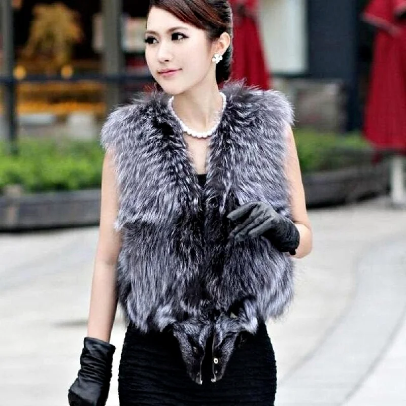 Real Silver Fox Fur Vest Whole Fur In Front  Waistcoat Jacket