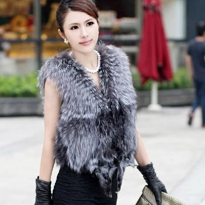 Real Silver Fox Fur Vest Whole Fur In Front  Waistcoat Jacket