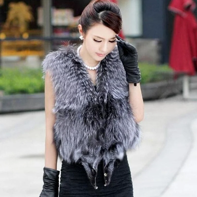 Real Silver Fox Fur Vest Whole Fur In Front  Waistcoat Jacket