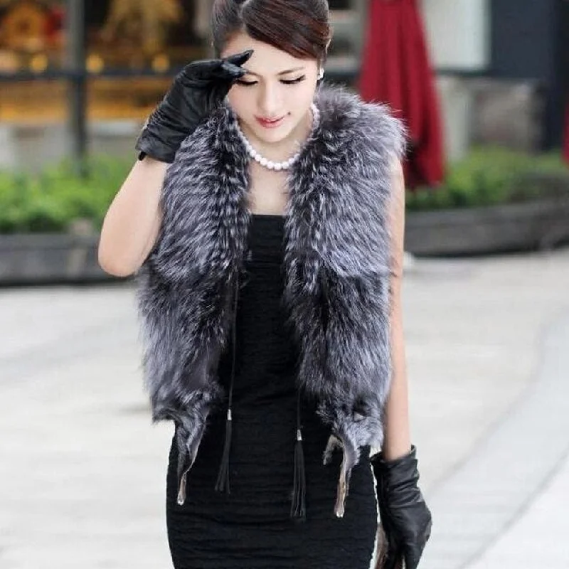 Real Silver Fox Fur Vest Whole Fur In Front  Waistcoat Jacket