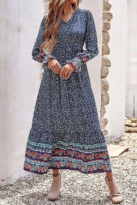 V Neck Boho Floral Print Fall Maxi Dress