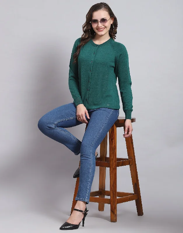 Women Teal Blue Solid Round Neck Full Sleeve Sweater