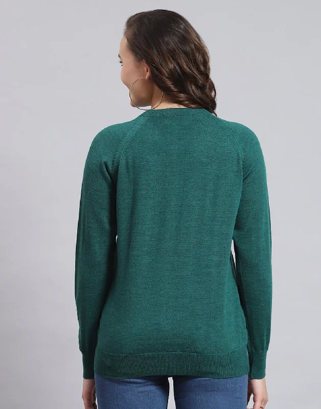 Women Teal Blue Solid Round Neck Full Sleeve Sweater